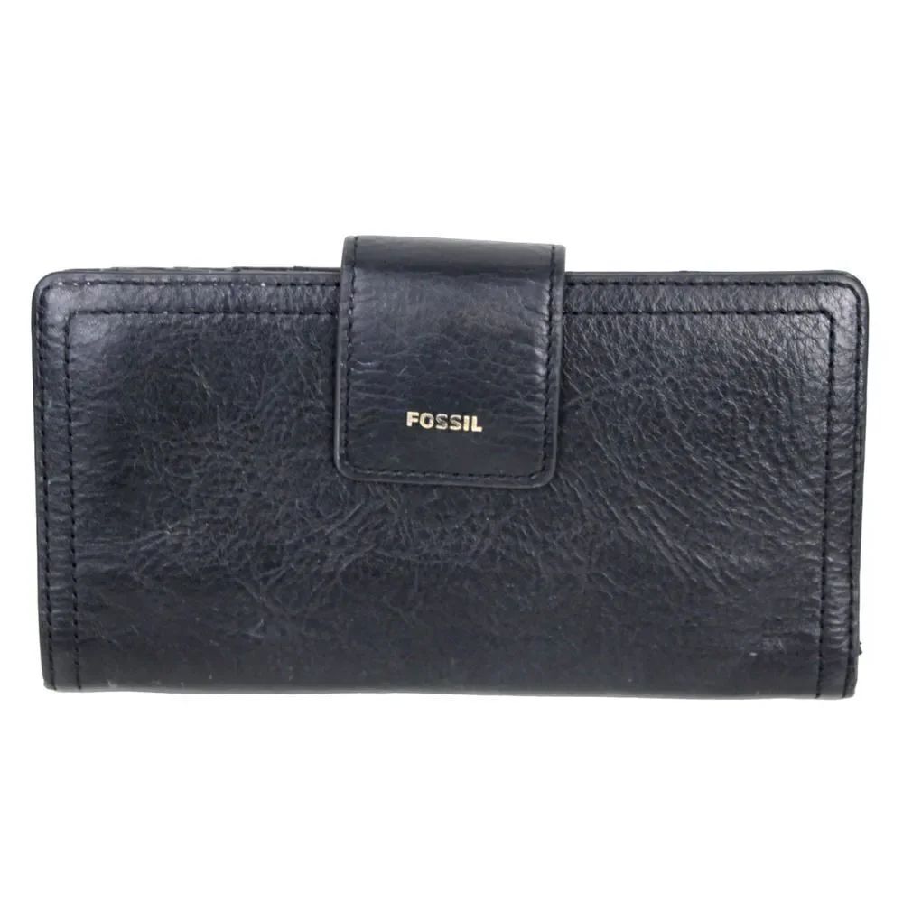 FOSSIL BLACK GENUINE LEATHER ID CARD COIN HOLDER BILL BIFOLD WALLET PURSE